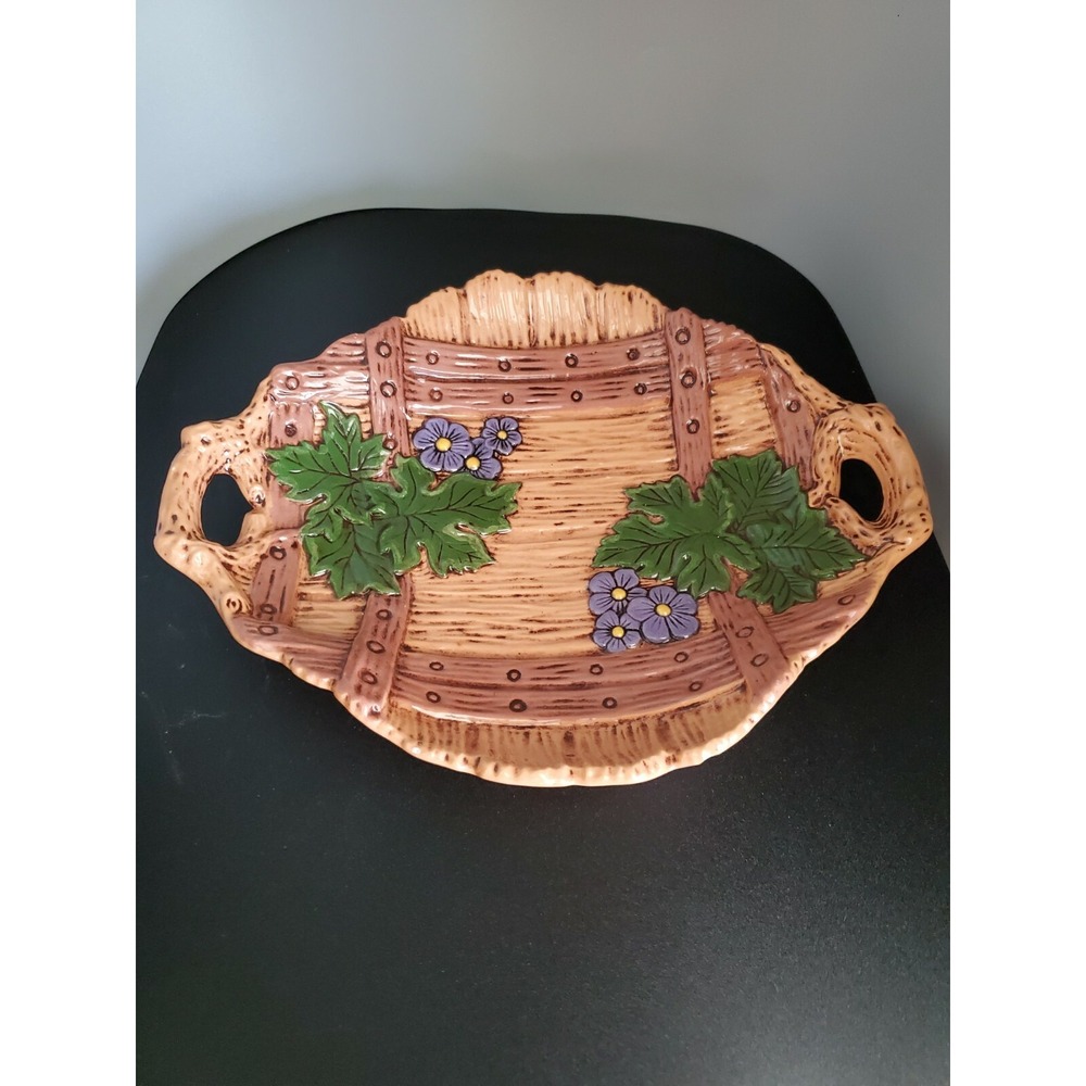 1970's vintage Pottery basket wood pattern Art Decor Signed Trinket Tray 10" lon